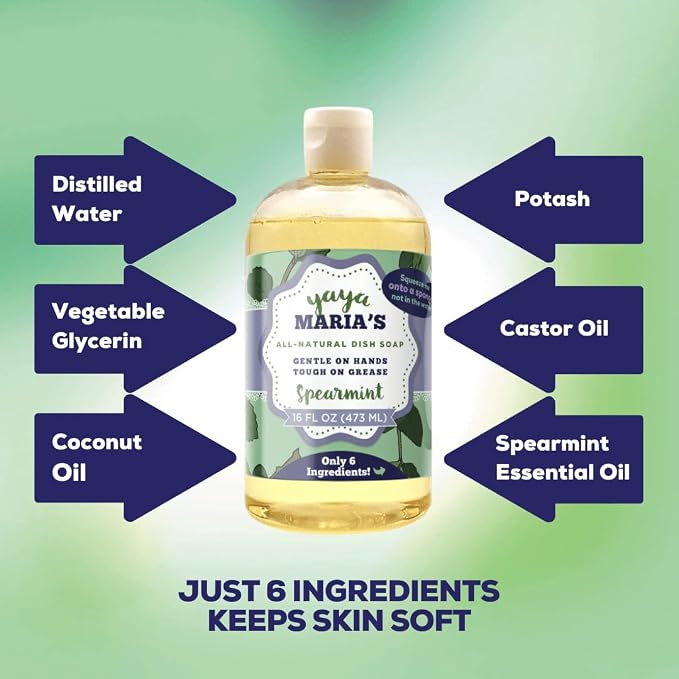 Yaya Maria's Natural Liquid Dish Soap, Only 6 Ingredients, 100% Nontoxic, Compare to Any Other Dish Soap, 3-Pack (Spearmint)
