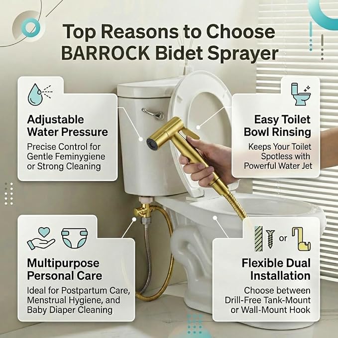 BARROCK Handheld Bidet Sprayer for Toilet, 2 Pack Bidets Faucet for Existing Toilets Cloth Diaper Jet Sprayer, Stainless Steel Muslim Shower Brushed Gold Bidet Attachment Set for Baby/Feminine Wash