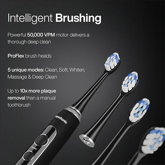 AquaSonic Home Dental Center PRO – Brushing & Flossing Made Easy – Brush & Floss – Power Toothbrush & Water Flosser – Whiter Teeth & Healthier Gums – Black Series Pro+Oral Irrigator