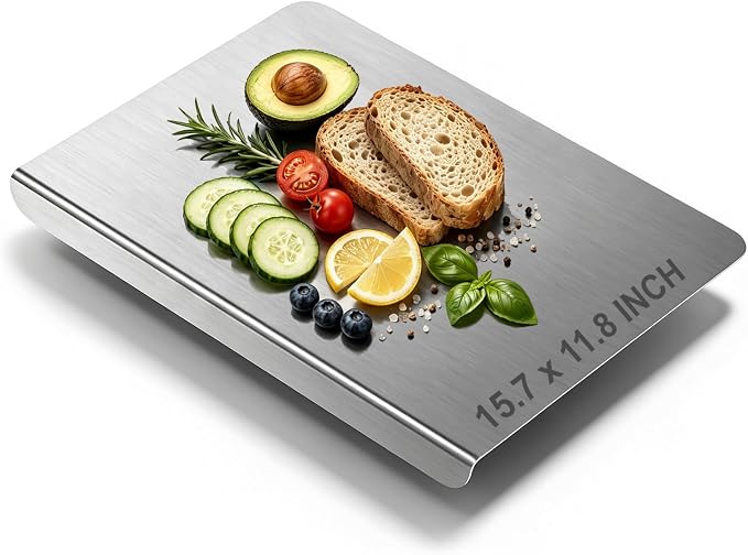 Stainless Steel Cutting Board with Lip, Non Toxic Kitchen Countertop Stainless Steel Cutting Board, Dishwasher Safe Metal Chopping Board for Meat, Fruits, Vegetables, Baking (40 x 30cm/15.7 x 11.8 in)