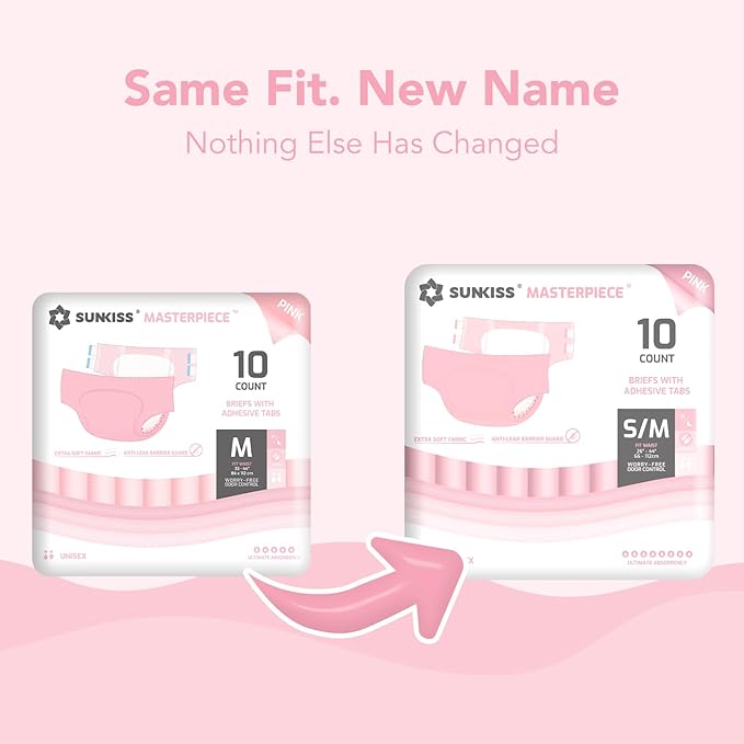SUNKISS Masterpiece Adult Diapers with Tabs, Unisex Disposable Incontinence Briefs for Women and Men, Odor Control, Pink, Small/Medium, Previously Medium,10 Count (Pack of 2)
