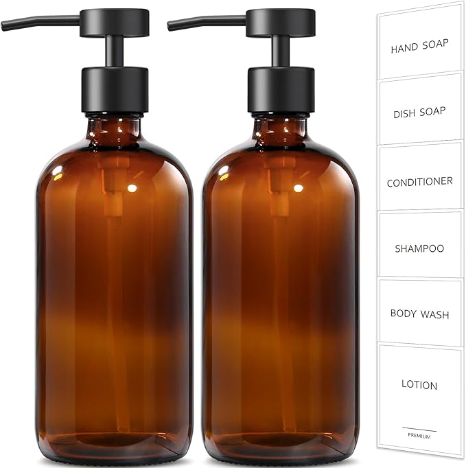 GMISUN Amber Glass Soap Dispenser, 2 Pack Bathroom Hand Soap Dispensers with Stainless Steel Flat Pump, 17 Fl Oz Kitchen Dish Soap Dispenser, Modern Vintage Liquid Brown Soap Dispensers Bottle Set