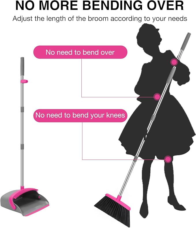 NACENA Broom and Dustpan Set, 52-in Long Adjustable Handle Broom Dustpan Combo with Dustpan Teeth to Automatically Clean Hair Suitable for Home Kitchen Office Hall Floor（Grey&Rose）