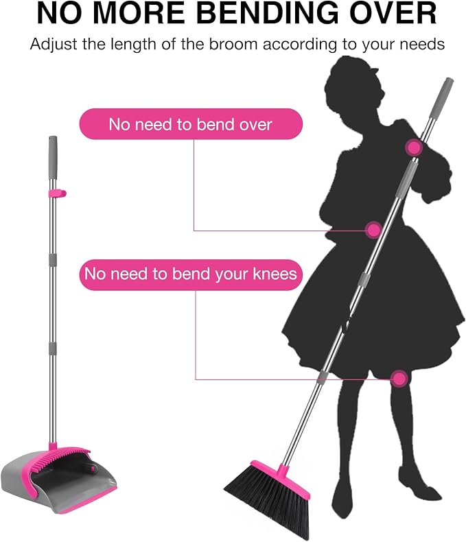 NACENA Broom and Dustpan Set, 52-in Long Adjustable Handle Broom Dustpan Combo with Dustpan Teeth to Automatically Clean Hair Suitable for Home Kitchen Office Hall Floor (Grey&Rose), 4 Pack