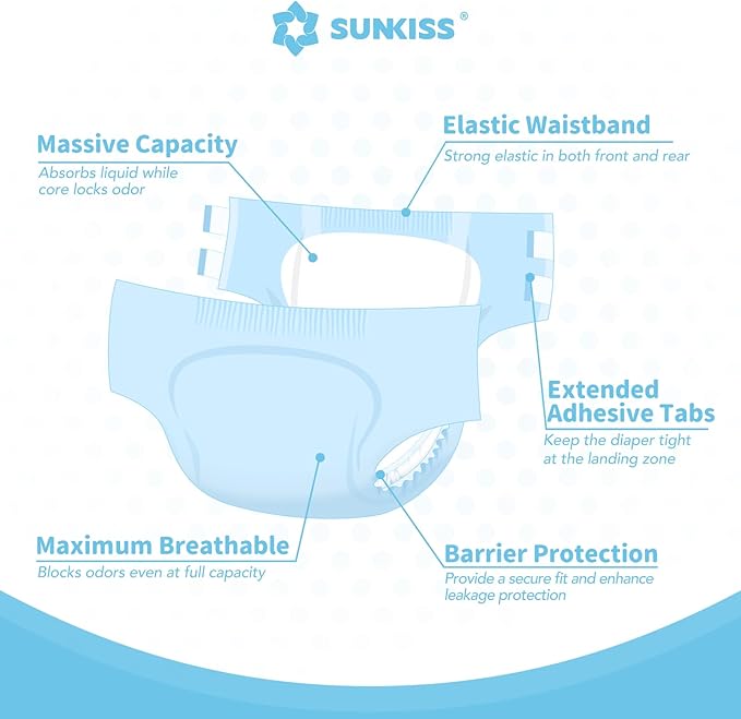 SUNKISS Masterpiece Adult Diapers with Tabs, Unisex Disposable Incontinence Briefs for Women and Men, Odor Control, Blue, S/M, 10 Count