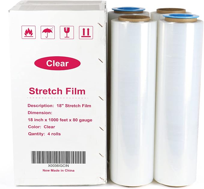 BOMEI PACK Clear Stretch Wrap Roll with Plastic Handle 18" x 1000 Feet 80 Gauge 4 Pack, Shrink Wrap Heavy Duty, Self-Adhering Plastic Wrap for Shipping, Moving