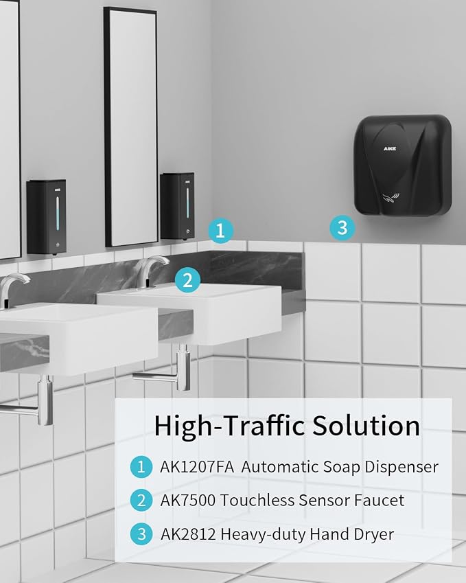 AIKE Automatic Foam Soap Dispenser 33.8oz for Bathroom,Matteblack AK1207FA | Rich Foam and Steel Finish,5-Level Adjustable and Key for Commercial(Battery Not Included),Screw Wall Mount for Space-Saving