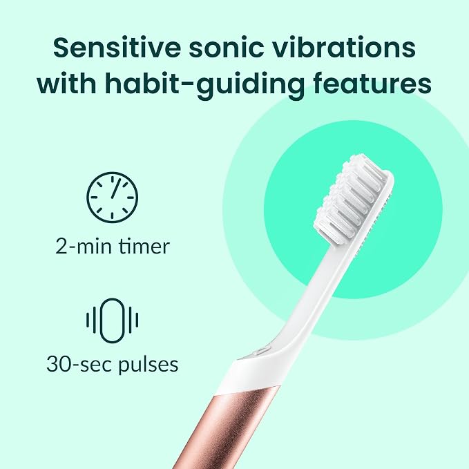 Quip Sonic Toothbrush for Adults with Timer - Includes Extra Brush Head and Travel Cover Mount - Electric, Soft Bristle Refill Head, Metal Handle, 3 Month Battery Life - Travel Toothbrush - Copper