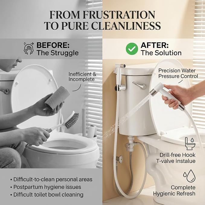 BARROCK Handheld Bidet Sprayer for Toilet, Stainless Steel Metal Made Baby Cloth Diaper Spraying Kit, Bathroom Toilet Bidet Attachment Set for Bathing Pets and Feminine Hygiene, Chrome and White