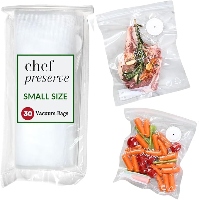 Chef Preserve Reusable Vacuum Sealer Bags for Food - 30 BPA-Free Small (8 x 10 in) Food Storage Bags, Freezer, Microwave - Odor-Resistant, Leak-Proof - Compatible with Chef Preserve Vacuum Sealers