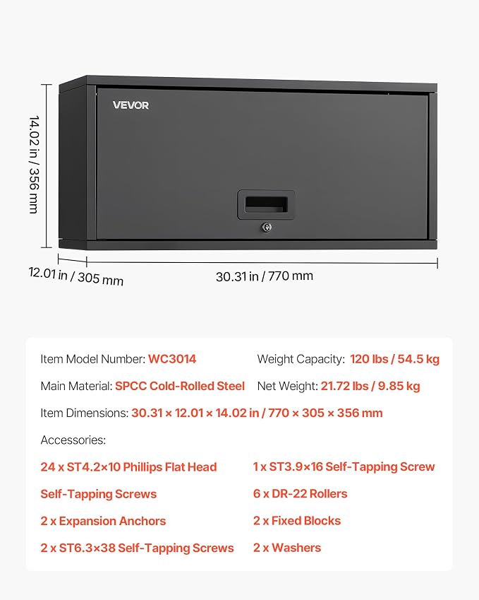 VEVOR Metal Wall Cabinet, 30.31W x 12.01D x 14.02H Inch, Floating Garage Tool Cabinet with Up-Flip Door, 120 lbs Load per Shelf, Fit for Garage, Basement, Kitchen, Warehouse, Assembly Required