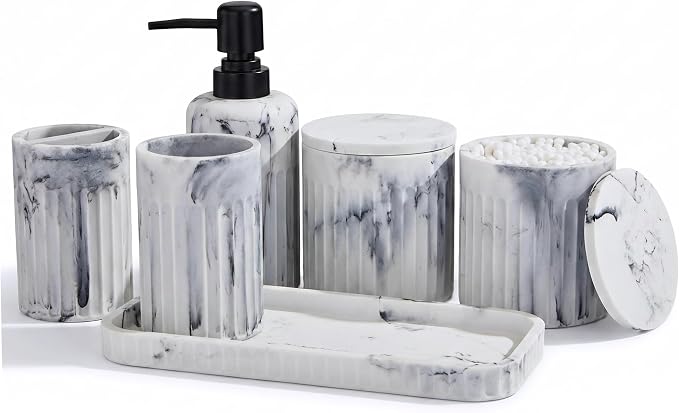 INIUNIK Bathroom Accessory Set, 6 Pieces, Marble White | Resin, Bathroom Accessories Set, with Soap Dispenser Set, Toothbrush Holders, Tumbler, Vanity Tray & 2 Qtip Holder