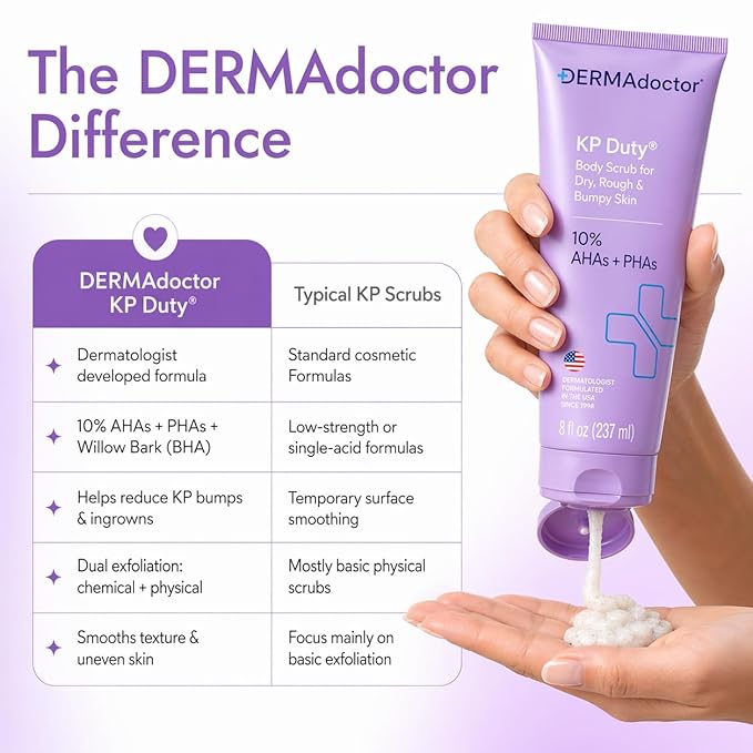 DERMAdoctor KP Bump Eraser Body Scrub with 10% AHAs + PHAs for Keratosis Pilaris, Dry, Rough, and Bumpy Skin, Dermatologist Formulated Exfoliating Body Scrub with Glycolic and Lactic acids - 8 Fl oz