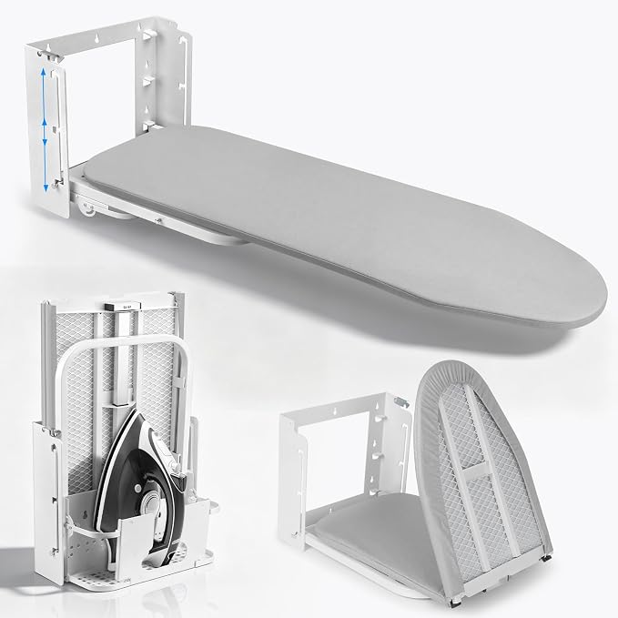 Wall Mounted Ironing Board Height Adjustment with Iron Holder 36 x 12 Inch | Fold Down Ironing Board Wall Mount Space-Saving Iron Board with Removable Heat Resistant Cover for Laundry Room, Home