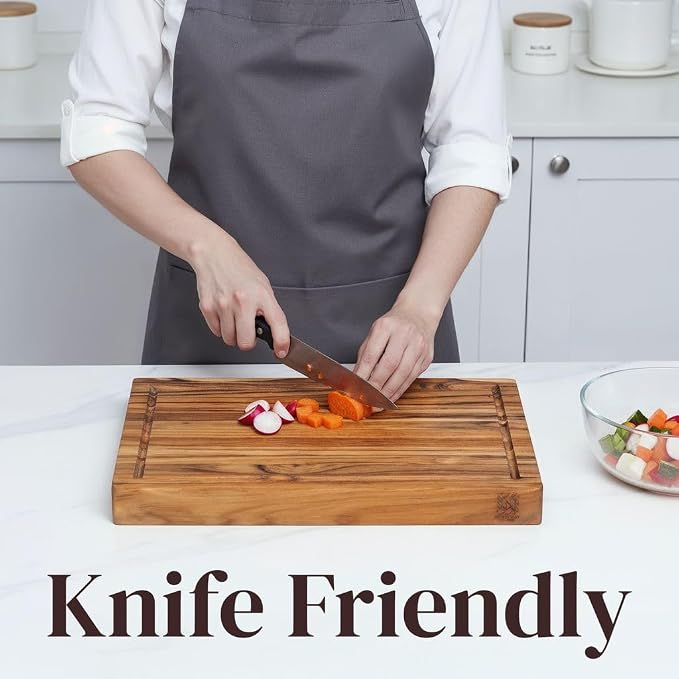 Large Teak Cutting Board 16" x 11" x 1.5" Thick Edge Grain Butcher Block for Meat & Kitchen Prep with Juice Groove and Handle, Solid Hardwood, Non Toxic Wood Cutting Board by New M Way