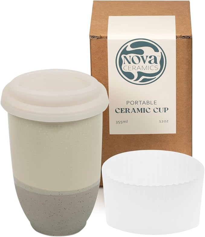 NOVA CERAMICS Travel Mug – Coffee Travel Mug – Reusable Coffee Cup Unique to Go Mug – Microwave & Dishwasher Safe Coffee White Tumbler - Gifts for Women Men Him Her – 12oz – Sea Mist