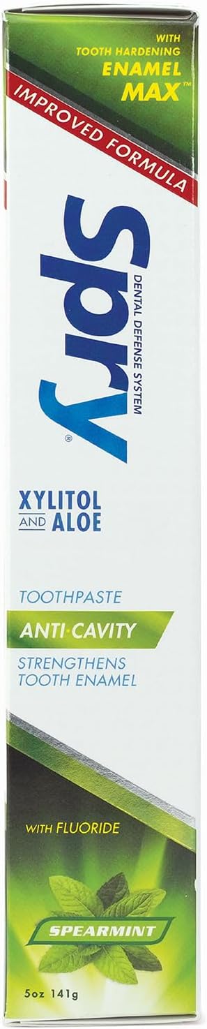 Spry Natural Xylitol Toothpaste with Fluoride, 5oz Spearmint (Pack of 2) | Gentle for Sensitive Teeth Whitening and Remineralizing, Bad Breath Freshening, Dry Mouth Moisturizing, for Adults and Kids