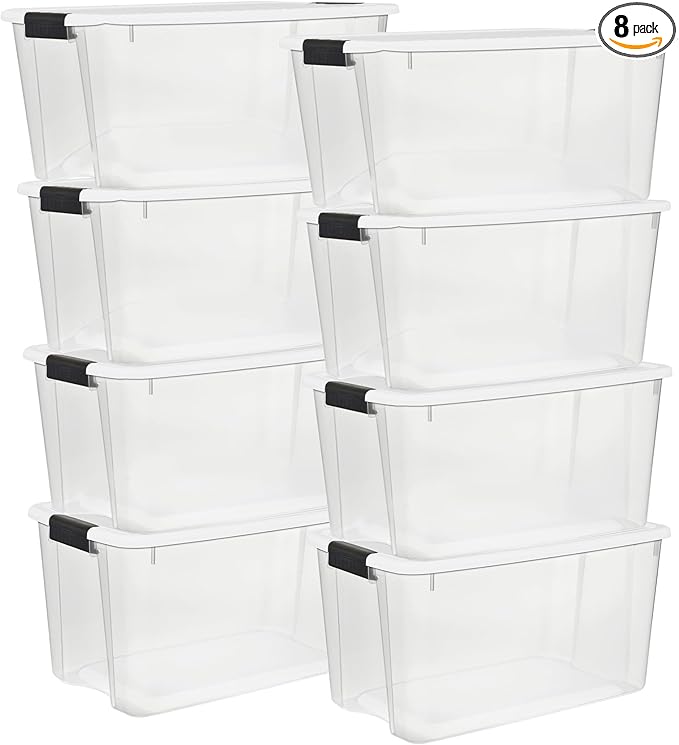 Sterilite 8-Pack 70 Quart Ultra Latch Box, Clear Storage Organizer Bins with Latching Lids - Stackable Plastic Containers for Home Organization in Garage, Attic, Basement, and Closet