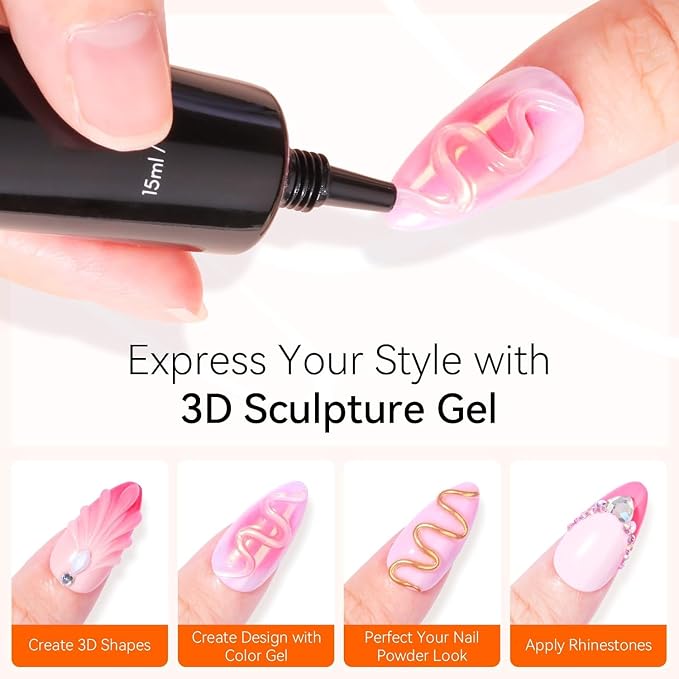 Makartt Rhinestone Glue for Nails with 3D Gel Nail Art Kit DIY Home Use | UV/LED Cured, 15ml Drawing Gel, Molding Gel, 30ML Gem Glue for Nail Charm, Embossed Designs, Rub Chrome Powder