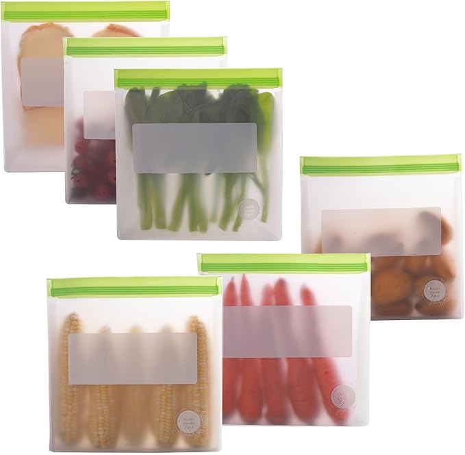 Reusable Food Storage Bags – 6-Pack Stand-Up, BPA-Free, Freezer, Dishwasher Safe & Eco-Friendly – 6 Gallon Bags – Airtight Leakproof, Organization and Storage Baggies (Multicolor (Green))