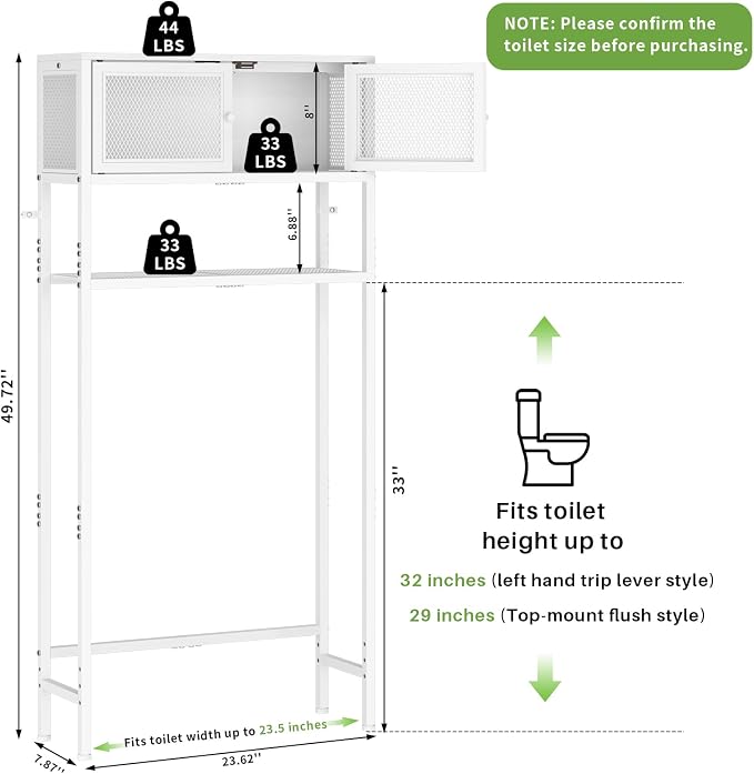 ThreeHio Over the Toilet Storage Cabinet with Doors, Bathroom Organizer Shelf Above Toilet, Bathroom Storage Cabinet Over Toilet, Freestanding Space Saver Metal Shelves for Small Space, White