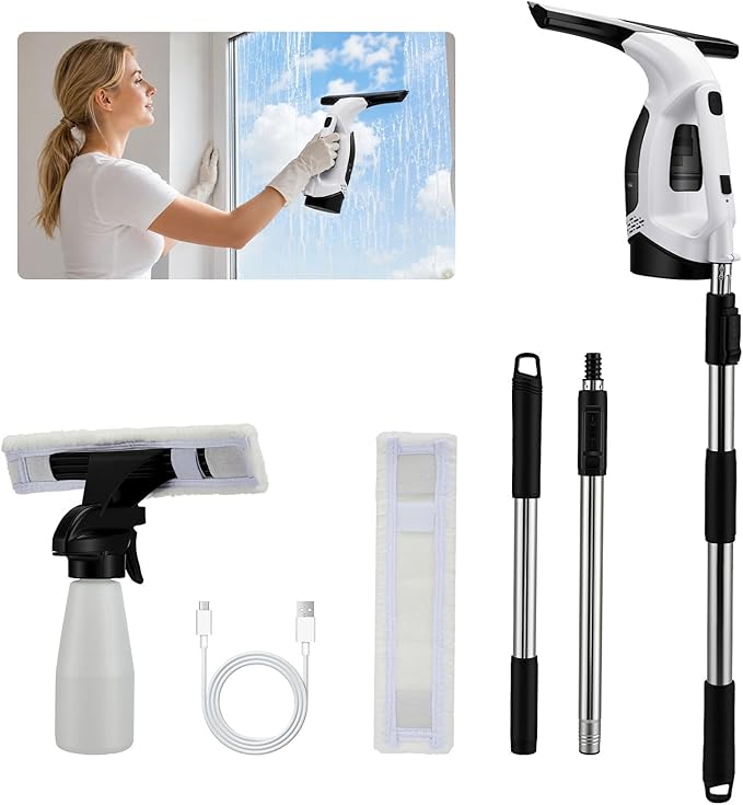 Cordless Window Vacuum Squeegee, 1.8-2 KPA Electric Window Vacuum Cleaner Tool with 0.8-1M Extendable Pole, Silicone Cleaning Scraper, 150ML Water Tank, 2200mAh IPX4, for Shower Glass, Car, Kitchen
