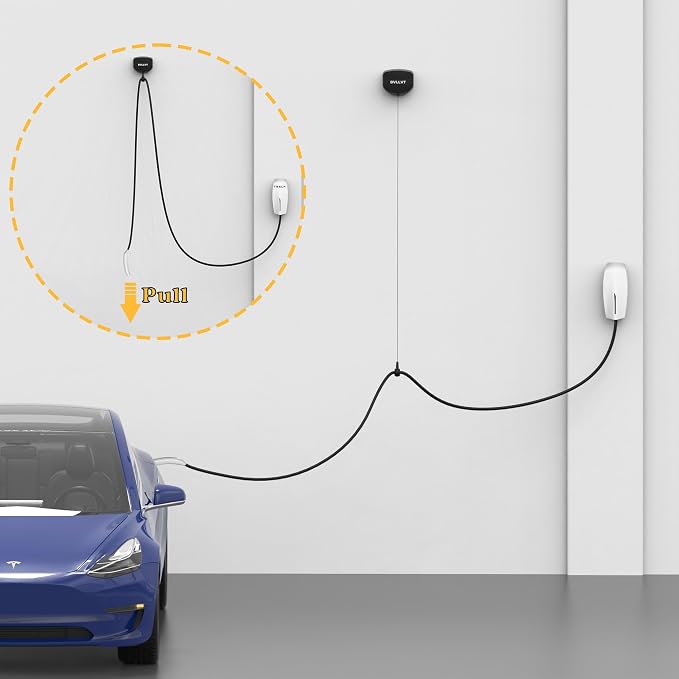 EV Charger Cable Retractor - 11.5ft Wall Mount Automatic Retractable Cable Organizer for Electric Vehicle Charging, Universal Fits 95% of EV Charging Cables