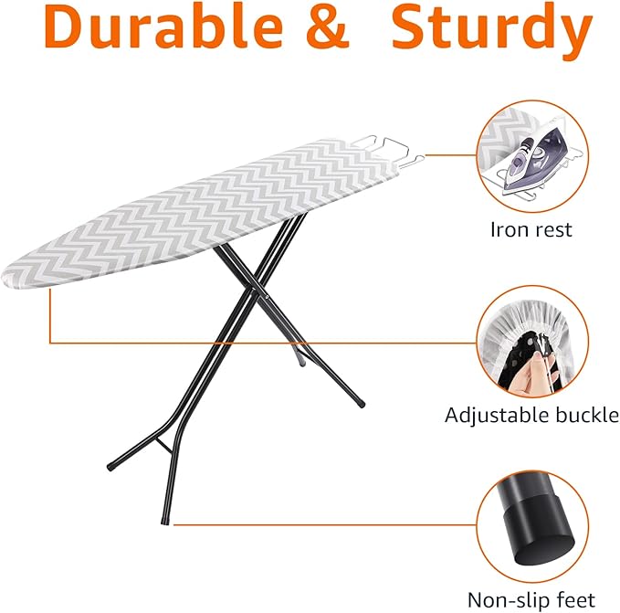 Amazon Basics Height Adjustable Full-Size Foldable Ironing Board, 4-Leg Fold-Up, Chevron Removable Cover, 60" x 14" x 38"