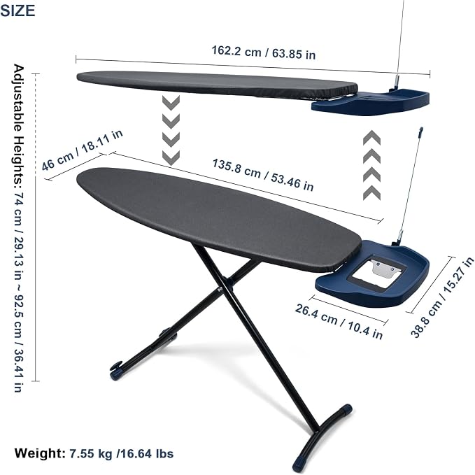 Duwee 18"×53" Extra Wide Ironing Board with Retractable Iron Rest | Ironing Board Full Size,Heat Resistant Cover with Thicken Padding,Adjustable Height,Heavy Sturdy Legs and Foldable,Black