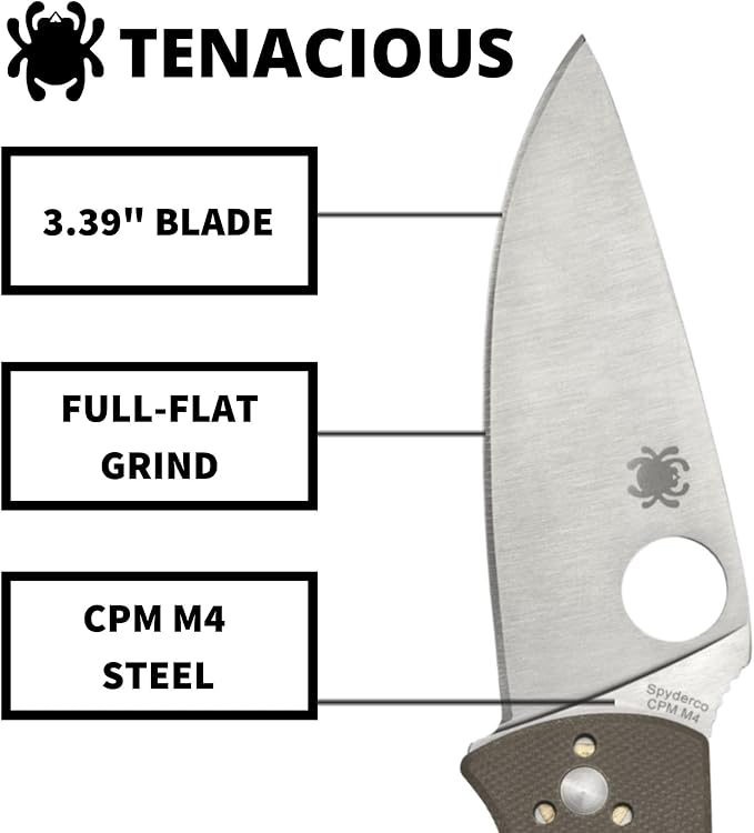 Spyderco Tenacious Folding Pocket Knife, PlainEdge | 7.77" Overall Length, 3.3" CPM M4 Steel Blade, Brown, G-10 Handle, LinerLock, Full-Flat Grind
