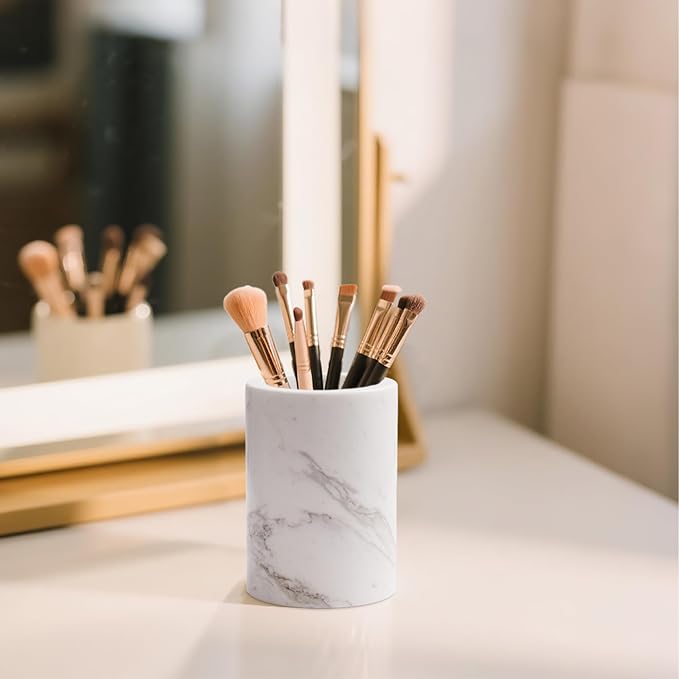 Natural Marble Pen Holder for Desk, Handcrafted Volakas Sturdy Desk Organizer for Office Supplies Storage Desktop Stationary Makeup Brushes Cup Pencil Holders for Home White (DL002)