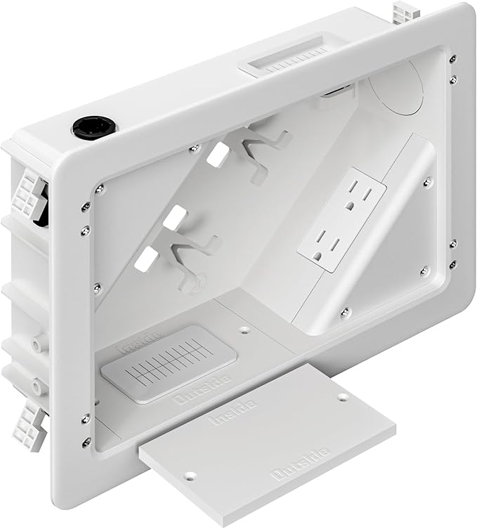 in-Wall TV Box with Flange for Home Theater Installation, 11.9" x 8.4" Cord Hider for Wall Mounted TV, with 2 Outlets, Cable Bracket, LV Cable & 1-1/2" ENT Entrance, Ideal for New or Retrofit Job