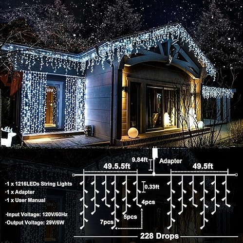 99FT Icicle Lights for Outside 1216 LED White Christmas Lights Outdoor