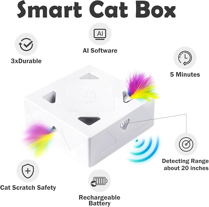 Interactive Cat Toys -Migibox for Indoor Bored Cats, Automatic Pop Out Feathers from 7 Holes Randomly, Motion Activated, USB Rechargeable (Purple Skin)