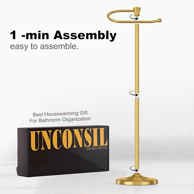 Toilet Paper Holder Free Standing, 25” H Stainless Steel Brass Gold Toilet Paper Stand, Weighted Base Floor Tissue Roll Holder for Bathroom,Toilet Roll Stand