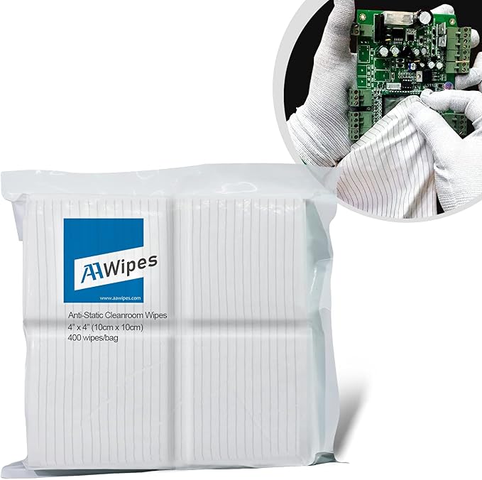 AAWipes Anti-Static Cleanroom Wipe Cloths (4"x4", Pack of 400) - Safe Electrostatic Discharge (ESD) Polyester Wiper Special ESD-Safer Wiper Cloths Lint Free Static Dissipative Wipers (CE16004)