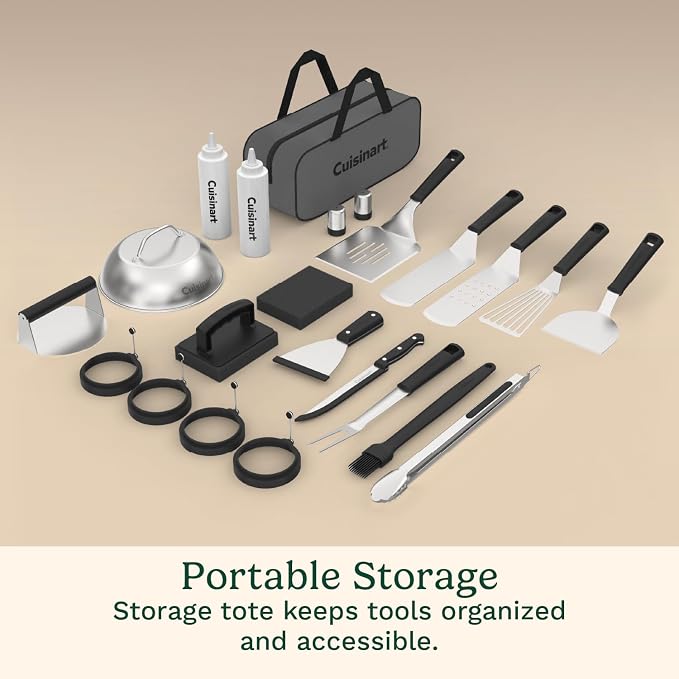 Cuisinart 24-Piece Griddle Tool Set with Storage Tote, Stainless Steel Flat Top Grill Accessories with Spatulas, Melting Dome, Smash Burger Press, Scraper & Tongs, Perfect for BBQ, Tailgates, Camping