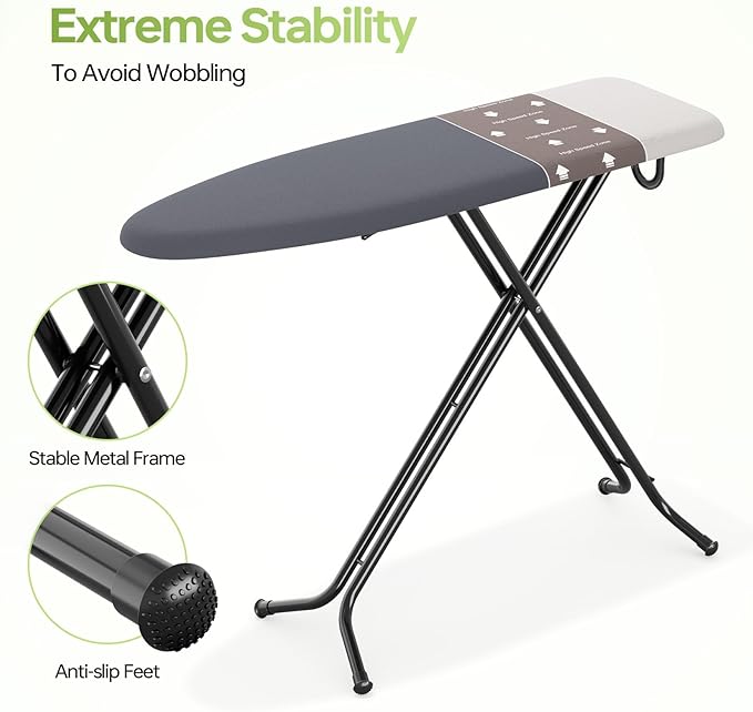 Foldable Ironing Board Standard Size, Iron Board Table Stand Foldable, Space-Saving Iron and Ironing Boards Set, Folding Ironing Boards Full Size with High Speed Zone and Hanging Hook 13x43 Warm Gray