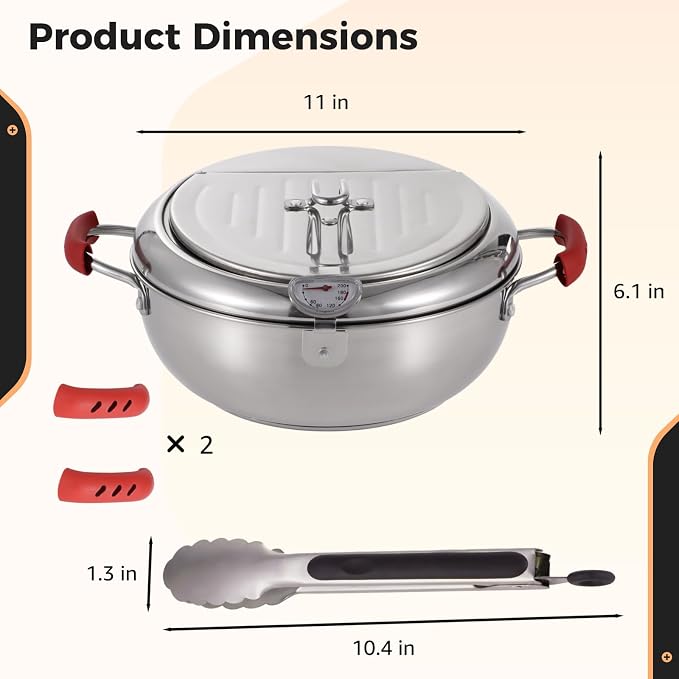 Deep Fryer Pot with Tongs, Stainless Steel Japanese Fryer with Temperature Control and Oil Drip Drainer Rack, Japanese Tempura Pot Set for French Fries Chicken Japanese Tempura (11 Inch)