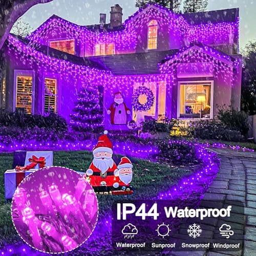 33ft Purple Christmas Lights Outdoor, 400 LED Icicle Lights for Outside Indoor Twinkle Christmas Light with Connectable Clear Wire 8 Modes Timer Waterproof for House Party Tree Holiday Yard Decoration