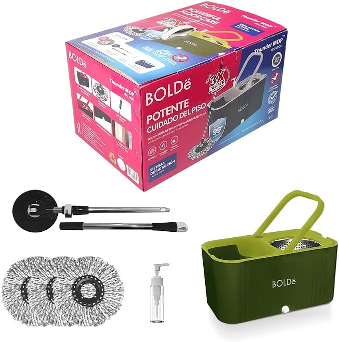 Thunder MOP Spin System - Ultra Clean - Single Bucket Microfiber Head, Stainless Steel Wringer, Antifungal Quick-Dry Cleaning, Soap Dispenser, 3 Free Refills (Forest/Lime)