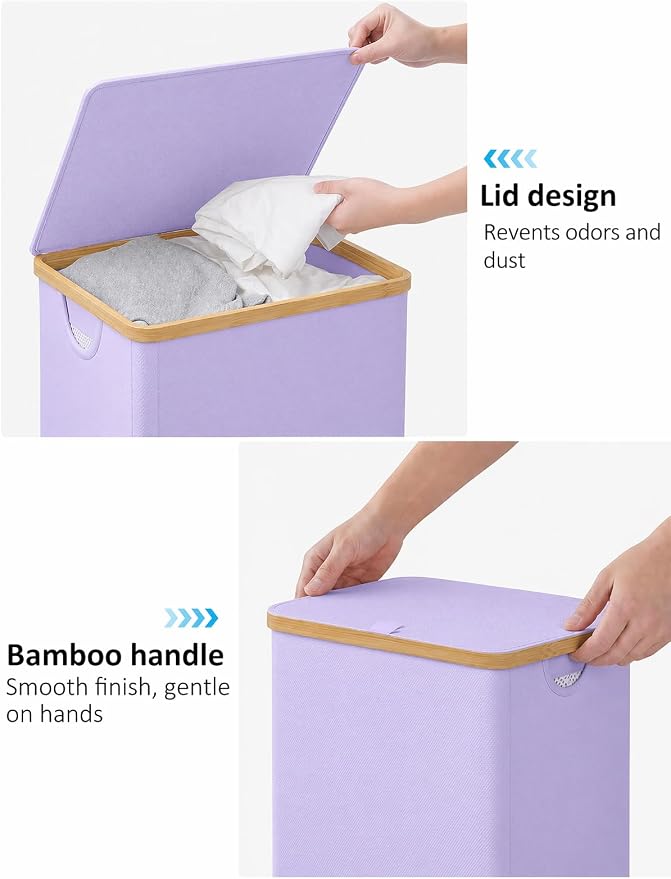 iEGrow Laundry Hamper with Lid, 110L Large Laundry Basket with Removable Bag, Clothes Basket Hamper with Bamboo Frame for Clothes Towels Organizer- Purple