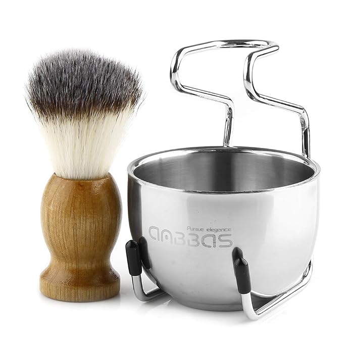 Anbbas 3IN1 Shaving Brush Set, with Synthetic Badger Hair Wood Handle,Stainless Steel Stand and Bowl,Perfect for Men Traditional Wet Shave