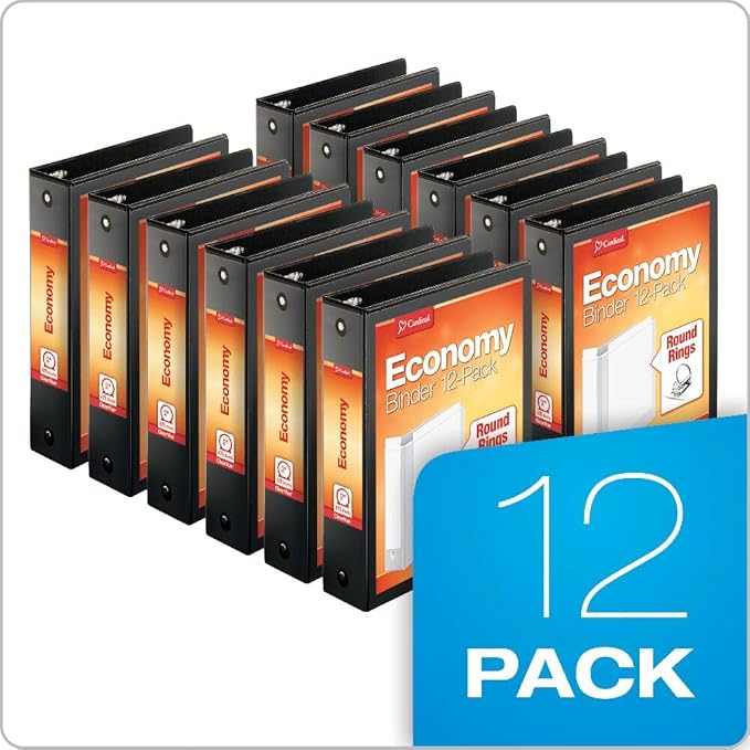 Cardinal Economy 3-Ring Binders, 2", Round Rings, Holds 475 Sheets, ClearVue Presentation View, Non-Stick, Black, Carton of 12 (90640)