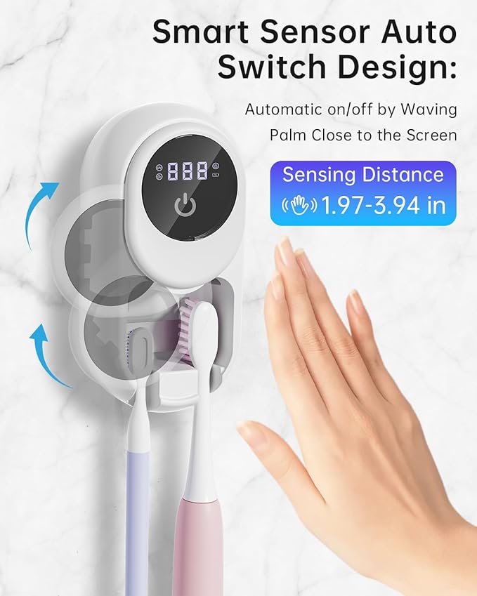 Toothbrush Holder & Toothbrush Cleaner, Fan & Heat Drying, LED Smart Screen, Wall Mounted Tooth Brush Holder for Bathrooms (White+Black)
