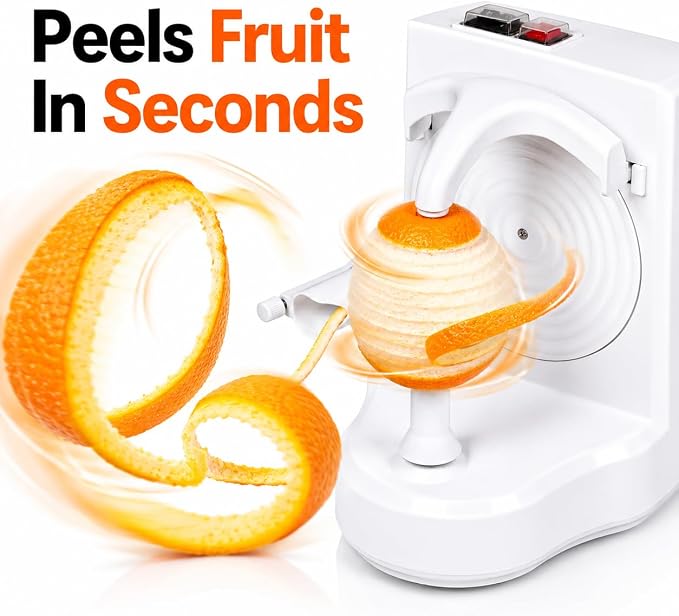 Electric Orange Peeler Automatic Fruit and Vegetable Peeler Machine, Peels Apples, Potatoes, Citrus, Stainless Steel Blade, Compact White (White)