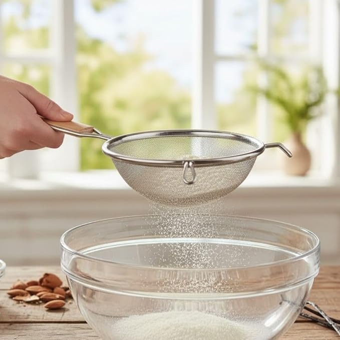 Soro Essentials- 6" Double Tinned Fine Mesh Strainer with Pan Hooks Wooden Handle- Food Sieve Strainer Kitchen Mesh Strainer Utensil for Cooking Rice Quinoa Pasta Fruits Vegetable Home Kitchen