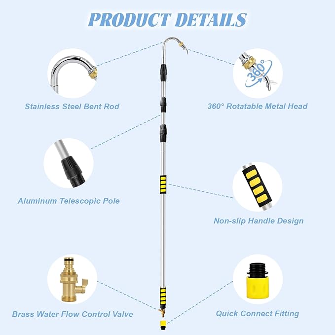 24FT Reach Gutter Cleaning Tools from Ground, 16FT Telescoping Rain Gutter Cleaner with 360° Rotating Metal Nozzle, Brass Shut-Off Valve, Leak-Proof Hose Attachment for Garden Hose