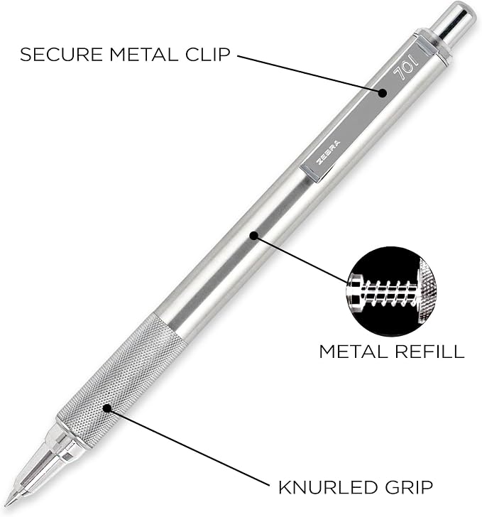 Zebra Pen F-701 Ballpoint Black Ink Fine Point 0.8mm Pen, Heavy Duty, Durable Stainless Steel Barrel, Knurled Grip, Silent Retractable Plunger, Ideal for Tactical Use, 3-Pack Plus 2 Refills (29412)