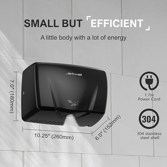 JETWELL High Speed Commercial Automatic Hand Dryer - Heavy Duty Stainless Steel Hand Dryer - Warm Wind Hand Blower